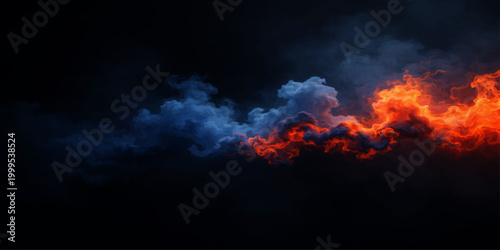Abstract glowing orange flames and dark smoke burn against a black night sky in an exploding inferno of heat and red energy