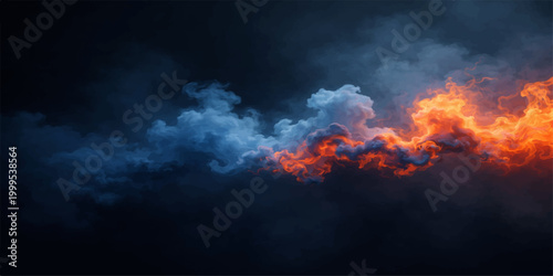 Dramatic abstract cloudscape featuring intense fire and smoke in a beautiful orange and red sunset sky with dark storm clouds and light backgrounds