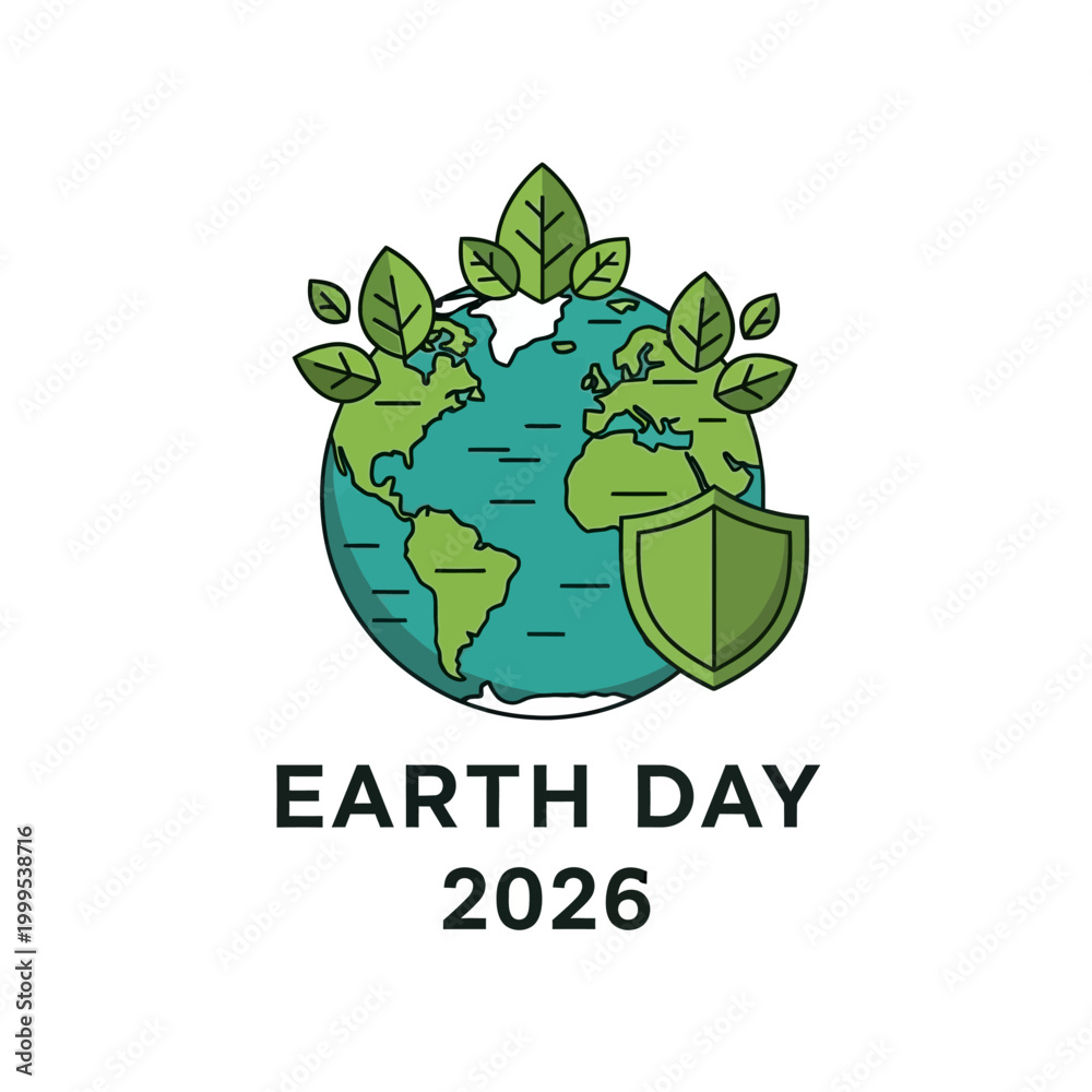 Fototapeta premium Protecting Earth: Planet with Green Shield and Leaves, Earth Day Concept
