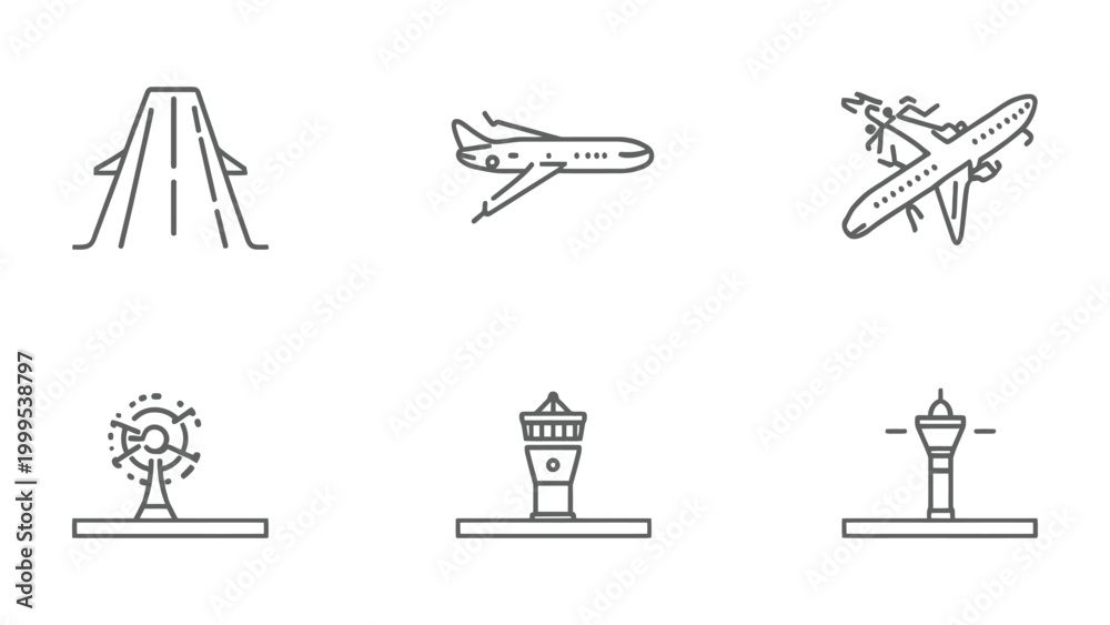 Fototapeta premium Airport Icons Set: Collection of detailed icons representing various aspects of air travel, perfect for informational graphics and thematic projects. 