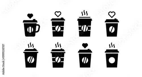 Disposable coffee paper cup icons with coffee beans and hearts symbols for takeaway service branding and street cafe marketing materials vector illustration set