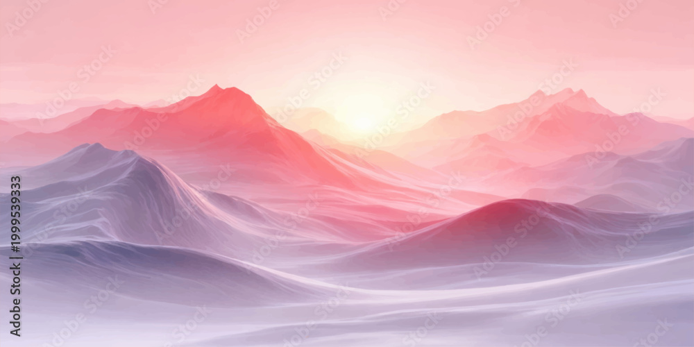 Fototapeta premium Abstract pink and purple background featuring a sunset sky with clouds over a misty mountain landscape and valley at morning