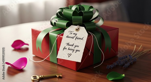 Festive red gift box with green ribbon and tag ready for celebration and giving