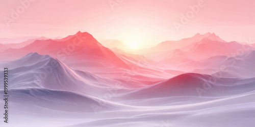 Abstract pink and purple background featuring a sunset sky with clouds over a misty mountain landscape and valley at morning