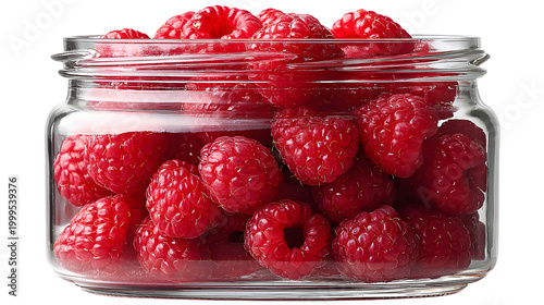 food cutout of glass jar filled with fresh raspberries, vibrant fruit texture and homemade preserve styling, sharp focus, clean edges high definition, isolated on white background