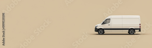 Simple white van on beige background, side view with copy space at side. Generative AI