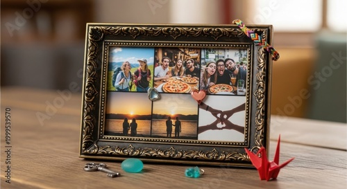 Ornate gold picture frame displaying four photos and a sunset scene with decorative accents
