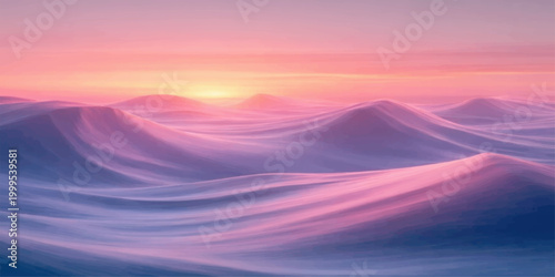 A beautiful sunset landscape featuring orange sunlight glowing over mountain peaks and desert sands under a dramatic evening cloudscape