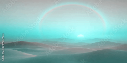 A beautiful summer landscape featuring a colorful rainbow over the blue ocean horizon under a cloudy sky with sunlight reflecting on the water