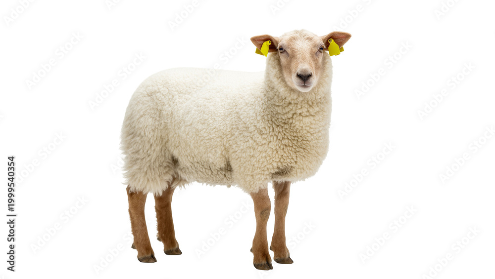 Fototapeta premium Fluffy White Wool Sheep with Yellow Ear Tags Standing
