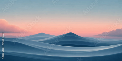 A serene mountain landscape at dawn features a glowing orange sunset casting light over rolling hills and misty clouds for a majestic nature travel view