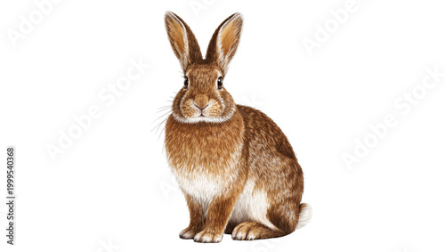 Photography Brown furry Rabbit sitting with long ears and white chest