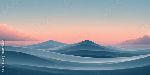 A breathtaking winter mountain landscape featuring snow-capped peaks under a vibrant orange sunset sky with clouds drifting over rolling desert sand dunes in a vast wilderness adventure