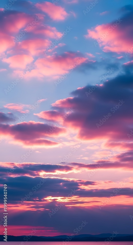 Fototapeta premium Dramatic sunset paints sky with vibrant pink, purple, and blue clouds over calm water