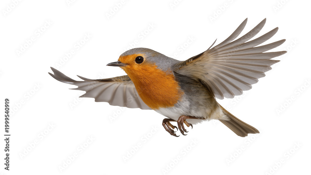 Obraz premium Flying European Robin with Spread Wings and Orange Breast