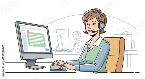 Customer service representative working in a call center office illustration