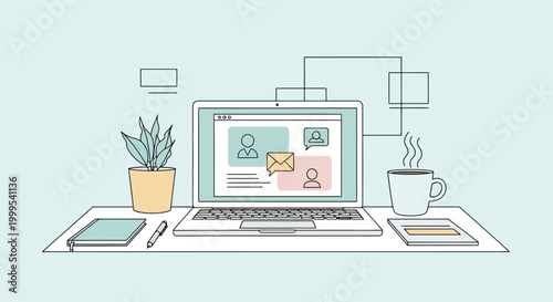 Home office with laptop, coffee, and plant