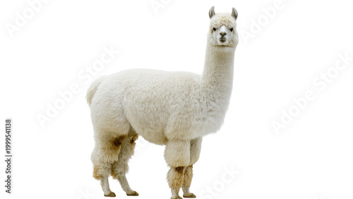 Foto Standing Cream-colored Alpaca with Fluffy Wool and Brown Eyes