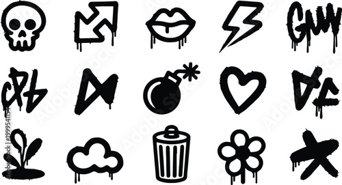 Graffiti style icons set with dripping paint skull lips heart and other symbols