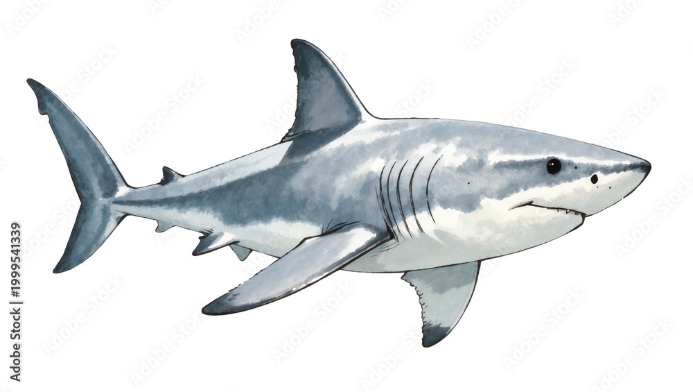 Obraz premium Gray Great White Shark Swimming Side View with Visible Teeth