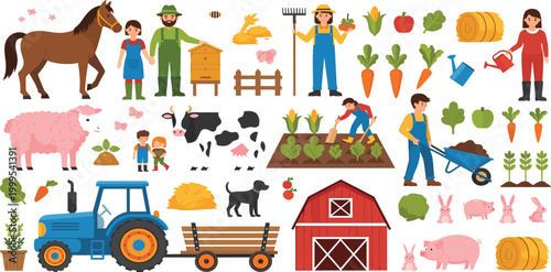 Agricultural Farm Set with Farmers Domestic Animals Tractor Barn and Organic Vegetables for Countryside Life and Rural Education Vector Illustration