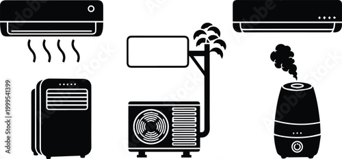 home appliances set with sound waves and air flow flat design vector illustration