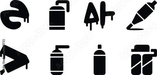 Graffiti spray can and tag icons set black silhouette style on white background