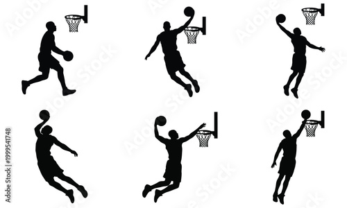 Basketball player silhouettes in action, including dunking and shooting over a hoop.