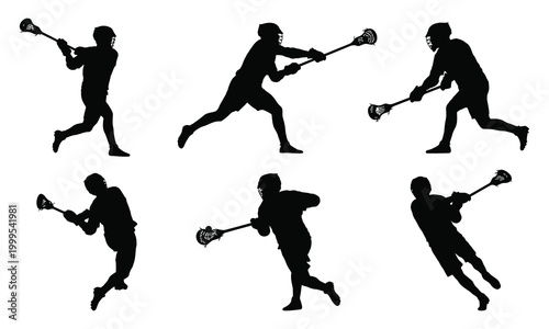 Silhouette set of lacrosse player in action poses with stick and ball on white background.