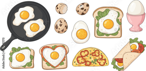 Healthy Breakfast Egg Dish Set Featuring Fried Eggs on Toast Omelet Quail Eggs and Breakfast Burrito for Cafe Menu and Food Design Vector Illustration
