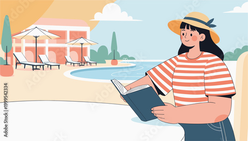 Woman reading book near pool on relaxing summer vacation