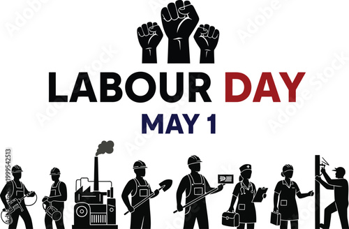 Labour Day Illustration with Raised Fist and Worker Silhouettes
