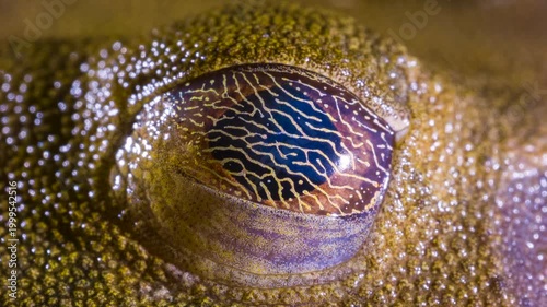 Close up of eye of the Map Treefrog (Boana ventrimaculata). Blinking and showing its characteristic reticulated nictitating membrane.  In the rainforest, Orellana province, Ecuador.