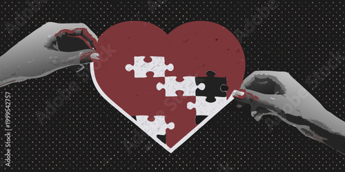Red heart puzzle with hands conceptual illustration
