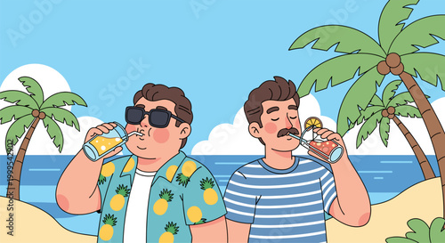 Friends drinking cold beverages on tropical beach vacation