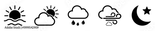 Weather icons set including sun cloud rain wind moon night forecast sky climate temperature forecast meteorology seasonal symbols clean outline design