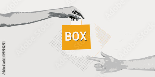 Hands reaching for shopping bag with text artistic illustration