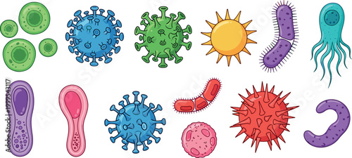 Colorful Microbe and Virus Illustrations Set with Bacteria and Cells for Science Education Websites and Digital Media