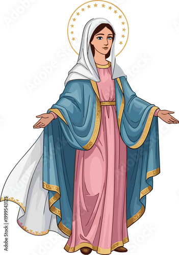 Foto Virgin Mary Standing in Prayer with Blue Mantle and Golden Halo on White Backgro
