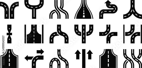 Black and white representing various road intersections and junctions