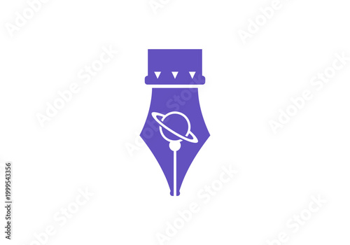 Purple fountain pen nib with planet icon on white background