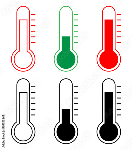 Fotografía Thermometer icons set with temperature, hot, cold, heat, weather, climate, level, gauge, scale indicators
