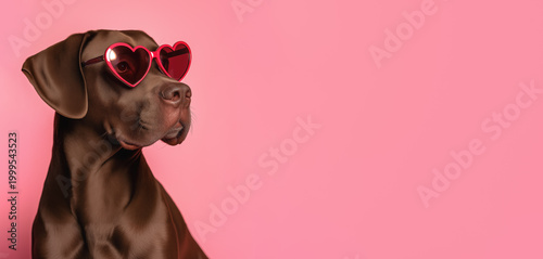 Brown dog wearing heart shaped sunglasses, studio photo with empty pink copy space background. Generative AI