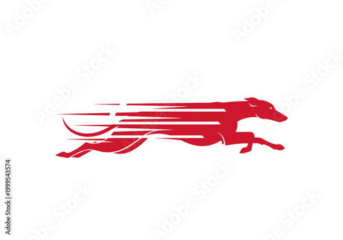 Red fast running dog silhouette with motion speed lines