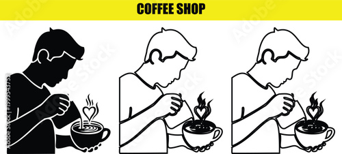 Coffee shop illustration showing barista preparing latte art in black white and outline styles on transparent background.
