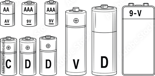 Battery Types Icon Set Featuring AA, AAA, C, D, and 9V Batteries in Technical Line Art Style for Electronics and Power Supply Design Concepts