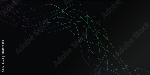 Dynamic glowing dashed lines in purple, blue, green on dark background, abstract digital flow