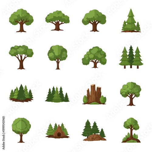 Collection of Diverse Cartoon Trees and Forest Elements
