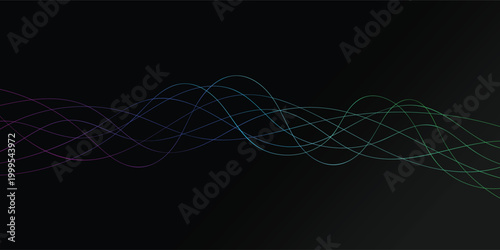 Abstract digital sound wave lines with purple blue green gradient dots on dark background