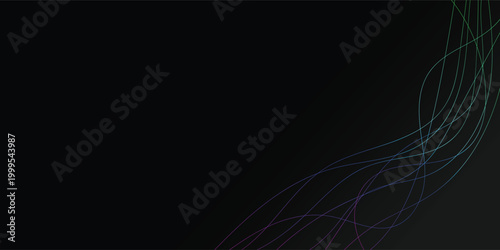 Abstract digital flow of glowing blue purple green dotted lines on dark background for tech